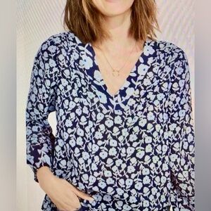 Vineyard Vines Navy Floral V-Neck Blouse with Light Blue Print